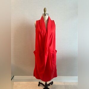 Custom Modern Red Stretch Linen Wrap Midi Spring Summer Sleeveless Dress Sz S/M